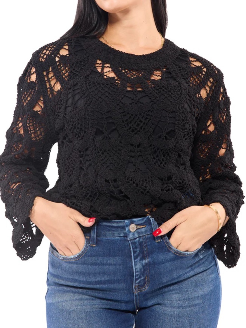 🟠NWT POL Open Knit Keyhole Long Sleeve Sweater Black ONE SIZE (see measurements)